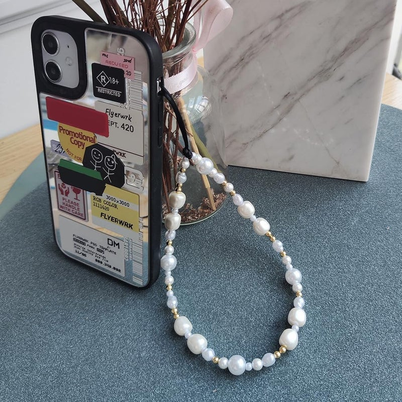 WCCH Beaded Phone Charm Y2K Kawaii Handmade Acrylic Phone Lanyard Wrist Strap for Camera Bag Airpods Keychain Charm Gold and White Pearls - Image 3